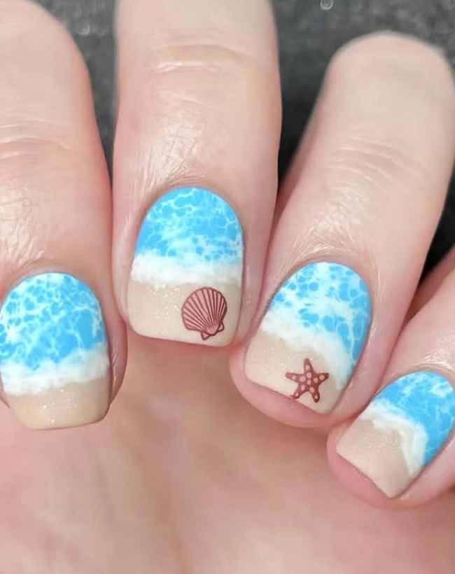 24Pcs Summer Press on Nails Short Square Fake Nails Blue Wave