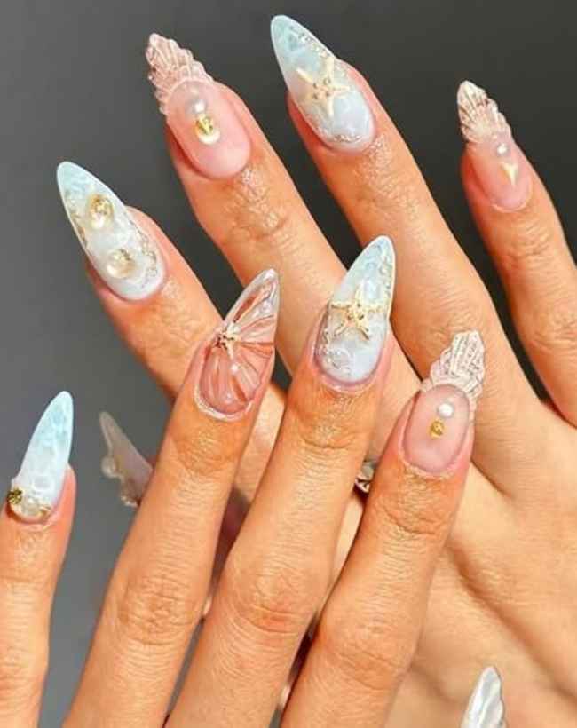 3D Acrylic Nails Medium Almond Fake Nails Blue Sea Shell French Tips