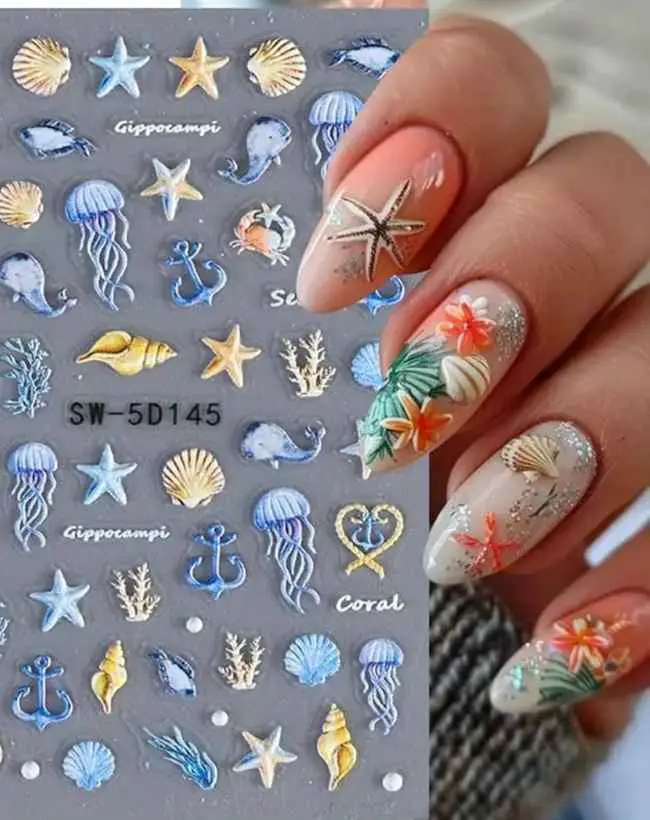 5D Embossed Ocean Life Nail Art Stickers