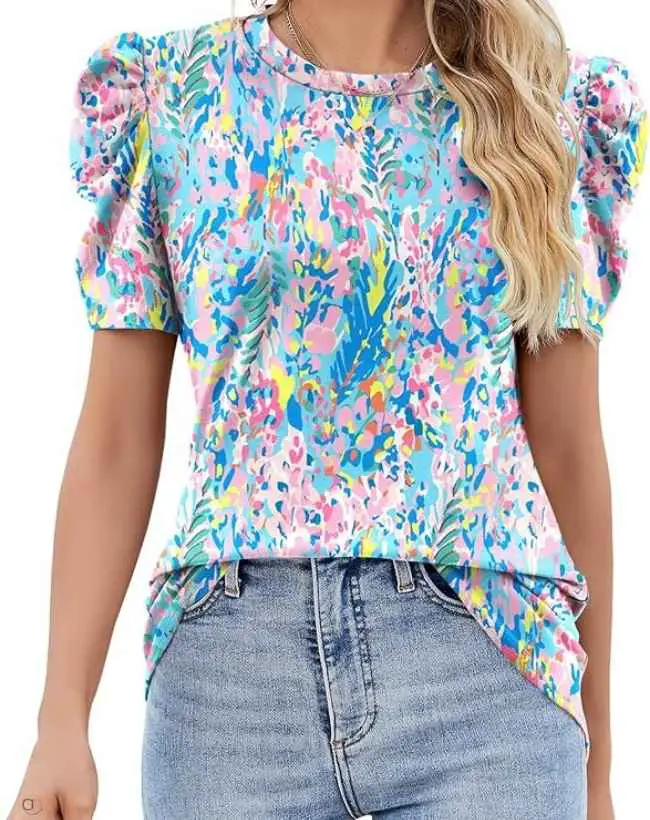 Ivicoer Puff Short Sleeve Shirt for Women Eyelet Tops 