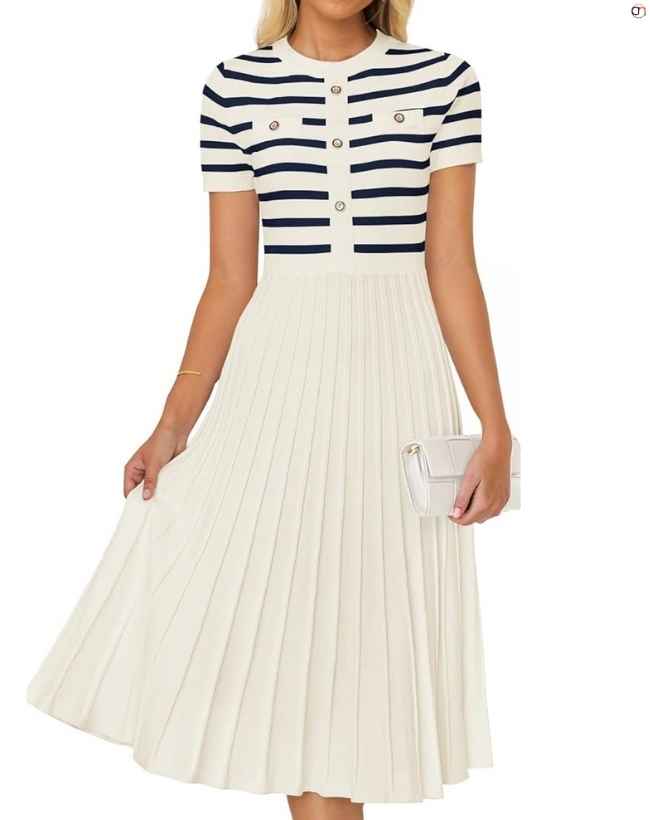 ZESICA Women's 2025 Casual Striped Midi Dress Crewneck Short Sleeve
