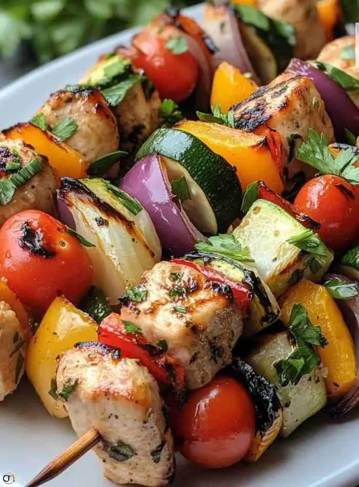 Grilled chicken and vegetable skewers